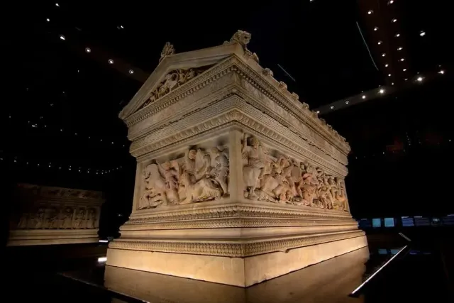 Marble sarcophagi on display inside the Istanbul Archaeological Museums