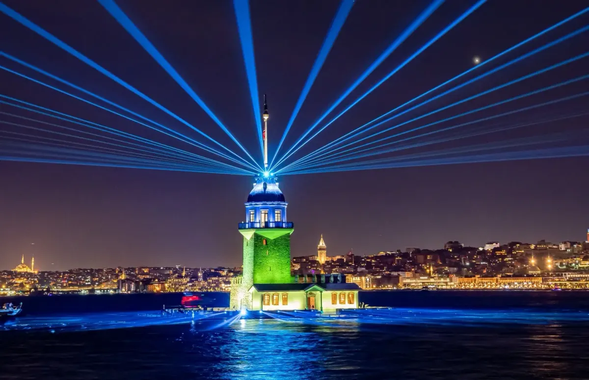 Maiden's Tower standing alone on a small island in the Bosphorus at sunset