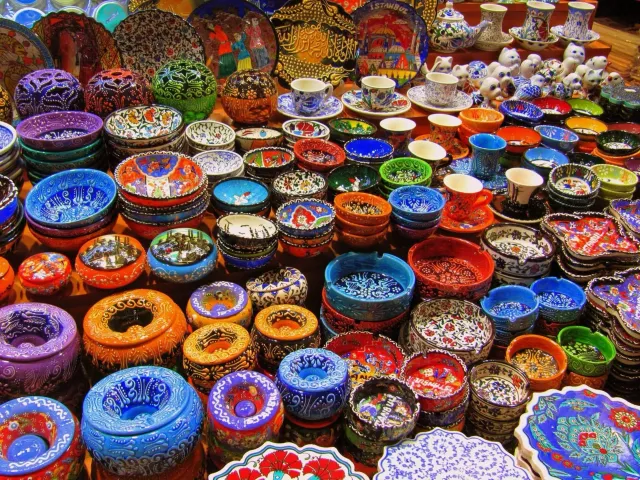 Colorful spice mounds displayed at a stall inside the Spice Bazaar