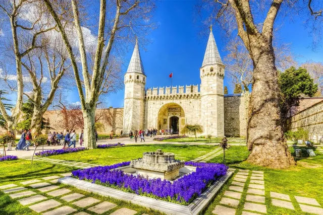 Sunlight over the domed rooftops and courtyards of Topkapi Palace